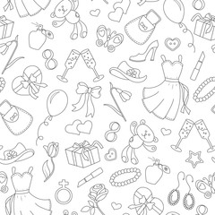 Seamless pattern on the theme of international women's day March 8, a simple outline icon on the topic of women, black contour on white backgroun