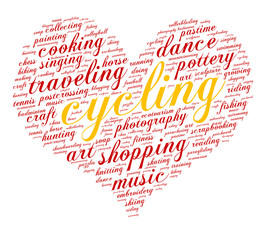 Cycling. Word cloud, heart, italic font, white background. Hobby.