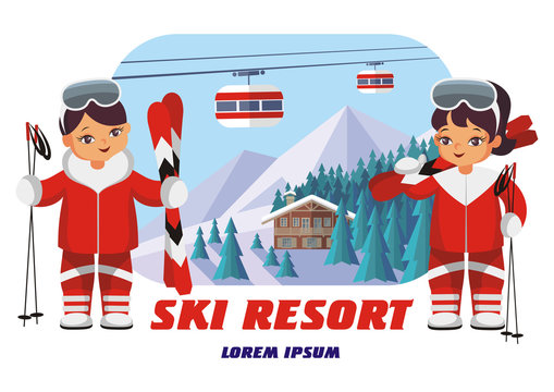 The vector image of skiers on the background of a winter mountain landscape.