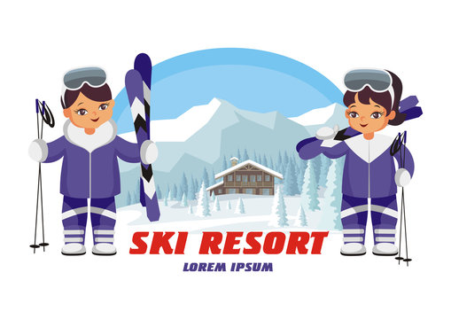 The vector image of skiers on the background of a winter mountain landscape.