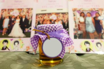 Honey jar with blank tag in the front