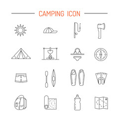 Fototapeta premium Vector linear icons on the topic of camping and Hiking in the wild, forest, lake, mountains, painted in a linear style.