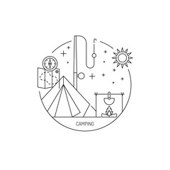 Vector linear icons on the topic of camping and Hiking in the wild, forest, lake, mountains, painted in a linear style.