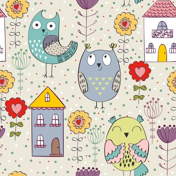 Vector seamless pattern with owls and flowers