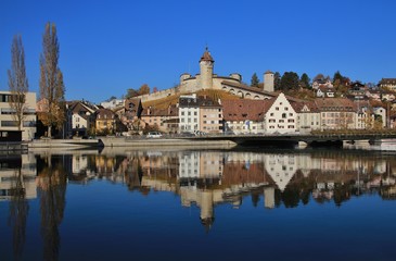 Medieval town Schaffhausen reflecting in the river Rhine