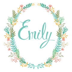 Fototapeta na wymiar Frame of flowers and ferns with girl's name Emily