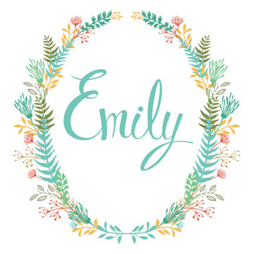 Frame of flowers and ferns with girl's name Emily