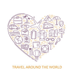 Travel line icons in heart shape. I love travel - vector illustration concept for cover card, brochure or magazine, invitation background. Tourism business element.