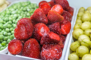 Frozen Strawberry on a shelf in a supermarket. Frozen fruits and vitamins conce
