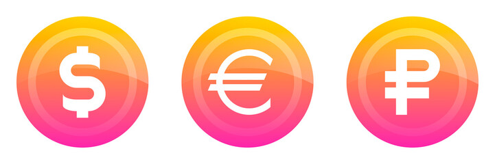 Obraz premium Set of buttons with signs dollar, Euro and ruble. Icon.
