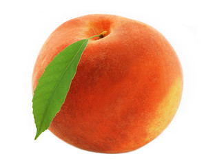 fresh sweet peach with green leaf isolated on white background