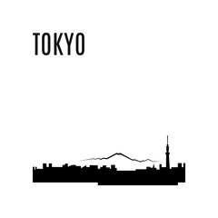 Tokyo City skyline black silhouette modern typographic design. Japan landmark vector illustration. Tokyo City landscape on a background of mountains. Architecture of Japanese downtown. Tokyo panorama