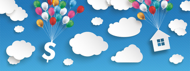 Paper Clouds Striped Blue Sky Balloons Dollar House Header