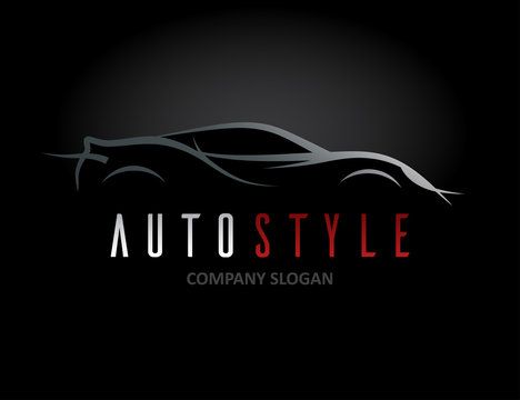 Auto style car logo design with abstract concept sports vehicle icon silhouette on black background. Vector illustration.