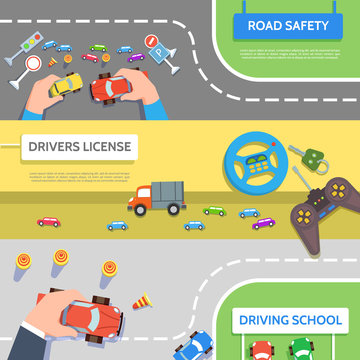 Set traffic horizontal banners driving school road safety in flat style.Vector illustration drivers education concept