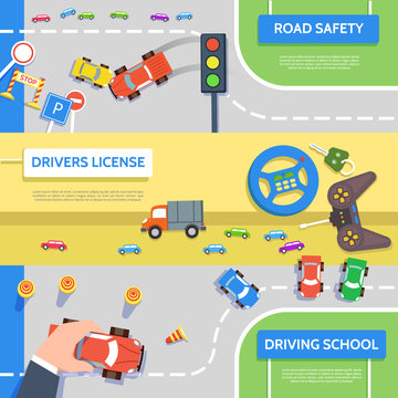 Set traffic horizontal banners driving school road safety in flat style.Vector illustration drivers education concept