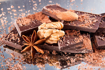 Chocolate pieces walnut, almond, chocolate shavings, cocoa powde