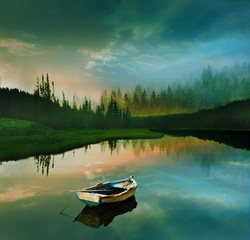 fishing boat docked in calm lake of a dreamy landscape with beau - 136155174