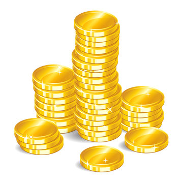 Gold coins. Stacks of golden coins. Money isolated on a white