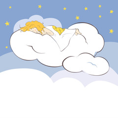 Girl sleeping on clouds / Vector illustration with ginger girl sweetly sleeping in the clouds