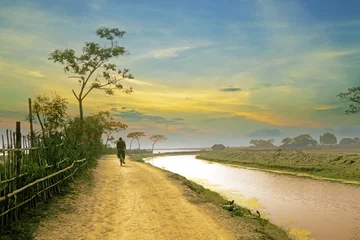 Schilderijen op glas Village road of Bangladesh during sunset © Arlo Magicman