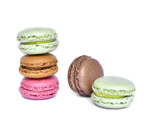 Delicious multicolored macaroons, isolated on white background. Studio isolated macaroon candy, stack rock.