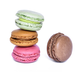 Delicious multicolored macaroons, isolated on white background. Studio isolated macaroon candy, stack rock.