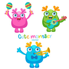 Holiday Everyday. Cute Monsters Music Players Vector Set. Luck Cartoon Mascot On A White Background. Monsters With Guitar, Trumpet, Maracas.