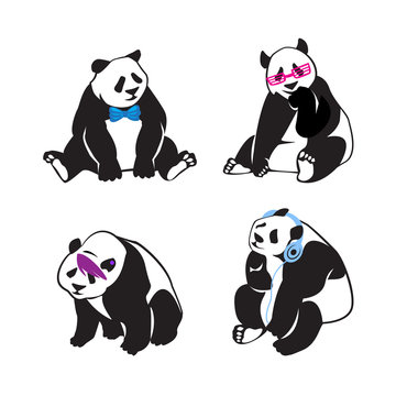 Set of panda bears with color human accessories. Vector