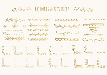 Vector golden corners and dividers. Isolated.