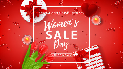 Red web banner for Women's Day sale. Top view on composition with tulips, gift boxes, red case for ring and candles. Vector illustration with serpentine and confetti.
