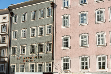 Facades of buildings in the historic centre of Salzburg. Austria