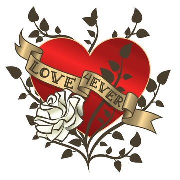 Retro tattoo heart with gold ribbons. Happy Valentine's Day card