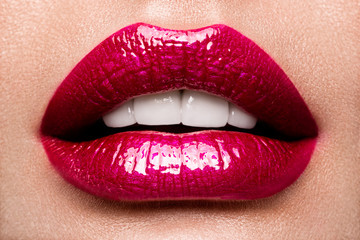 Sexy Lips. Beauty Red Lips Makeup Detail. Beautiful Make-up Closeup. Sensual Open Mouth. lipstick...