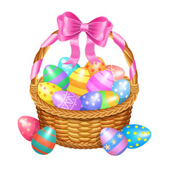 Easter basket with color painted easter eggs isolated on white - 136158738