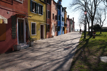 Trees and colorful houses on a waterfront in Burano, Venice, Italy