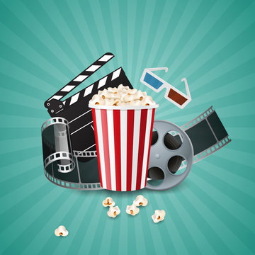 Cinema concept poster with popcorn bowl, films and clapperboard. realistic vector illustration.