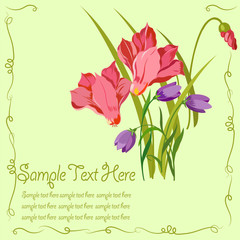 Card, banner with spring flowers bouquet of cyclamen, snowdrops and place for text.