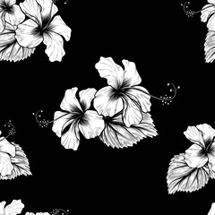 Cotton fabric Seamless Tropical Hibiscus Flowers Background