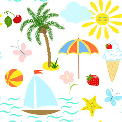 Seamless drawing on a theme of summer vacation, tourist trip, summer holiday, sea travel, vector.