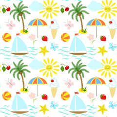 Seamless drawing on a theme of summer, boat, palm tree, beach, umbrella, sun, ice cream and berries.