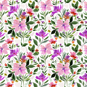 Seamless pattern with floral patterns in pink purple shades of green 