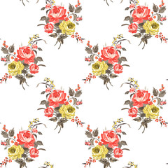 Seamless pattern with a bouquet of flowers of red and yellow roses.