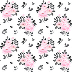 Seamless pattern with a bouquet of pink flowers and black and gray foliage.