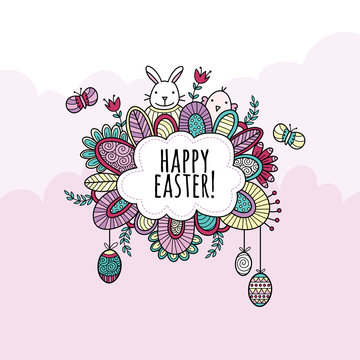 Happy Easter Hand Drawn Doodle Vector - Cute illustration of a cloud with the words happy easter surrounded by a bunny, chick, easter eggs, butterflies, swirls, and flowers