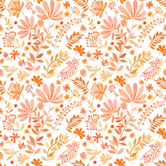 Seamless pattern with abstract elements of meadow plants in bright orange and red tones.