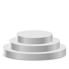 Three step white round podium isolated on white background.