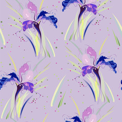 Seamless pattern with blooming irises on a purple background.