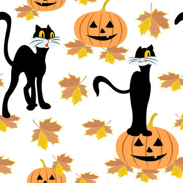 Seamless pattern with black cat, halloween pumpkins, autumn maple leaf on a white background.