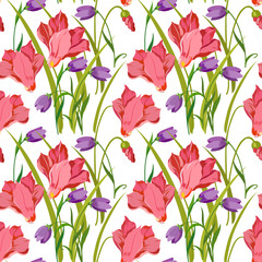Seamless pattern with exotic foliage and spring flowers on a white background.